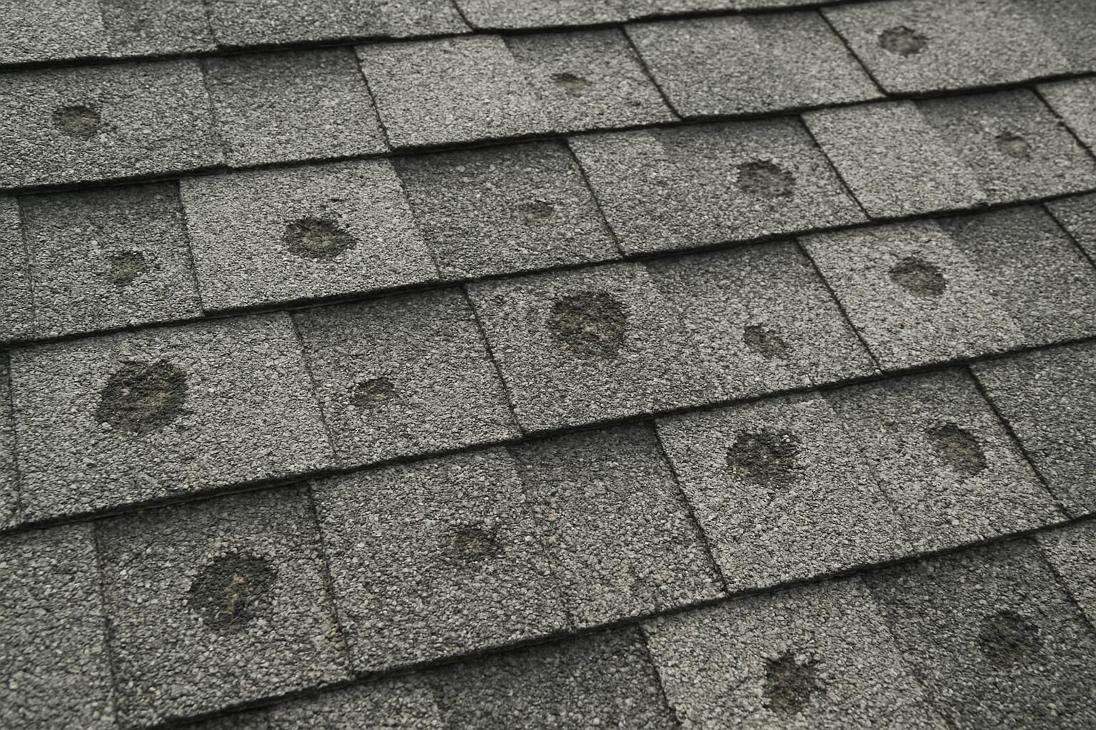 Hail damage on an asphalt shingle roof in the Dallas-Fort Worth area